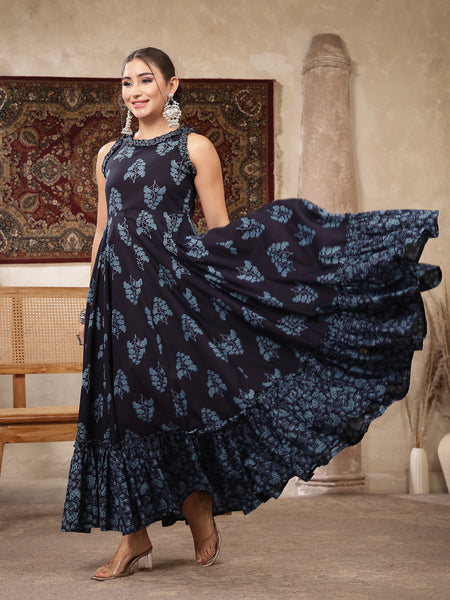 Kimayra Cotton Calf Length Printed Sleeveless Round Neck Flared Kurta
