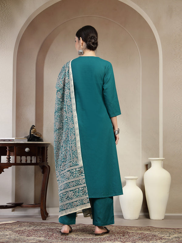 Kimayra Cotton Calf Length Solid 3/4 Sleeve V Neck A Line Kurta