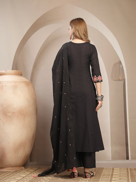 Kimayra Cotton Calf Length Solid 3/4 Sleeve V-Neck Flared Kurta Suit Set