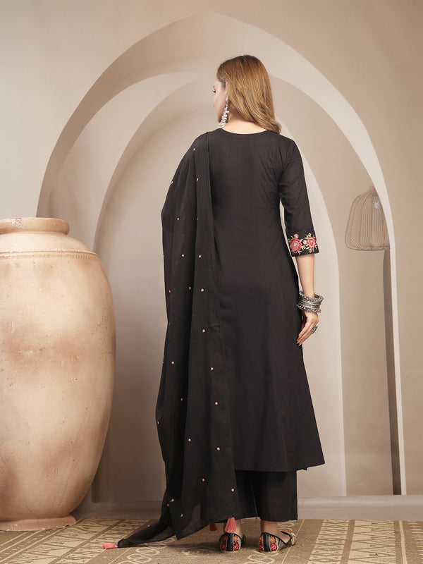 Kimayra Cotton Calf Length Solid 3/4 Sleeve V-Neck Flared Kurta Suit Set