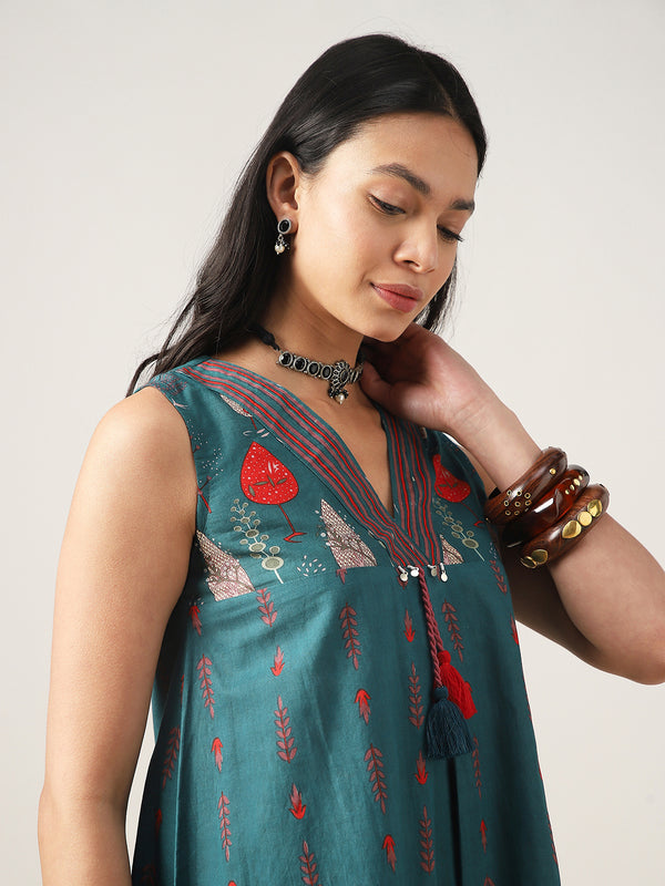 Kimayra Cotton Mid Length Printed Sleeveless V-Neck Flared Dress