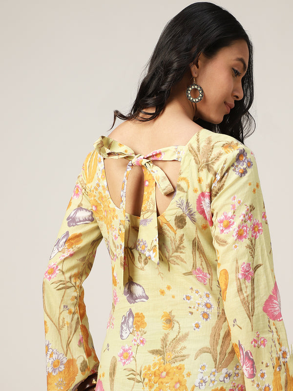 Kimayra Cotton Hip Length Printed Full Sleeve V-Neck Straight Top