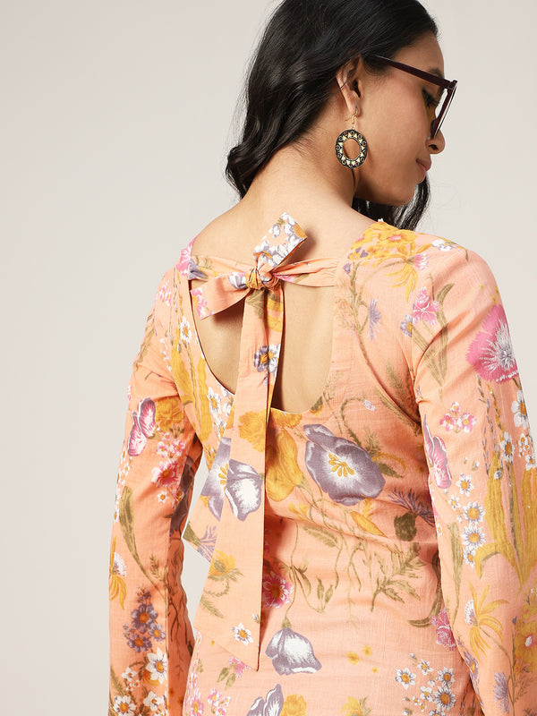 Kimayra Cotton Hip Length Printed Full Sleeve V-Neck Straight Top