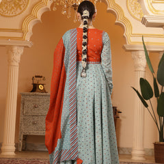 Kimayra Cotton Calf Length Printed Full Sleeves Round Neck Anarkali Kurta Suit Set