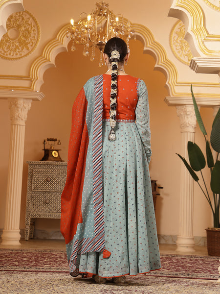 Kimayra Cotton Calf Length Printed Full Sleeves Round Neck Anarkali Kurta Suit Set