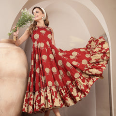 Kimayra Cotton Calf Length Printed Sleeveless Round Neck Flared Dress