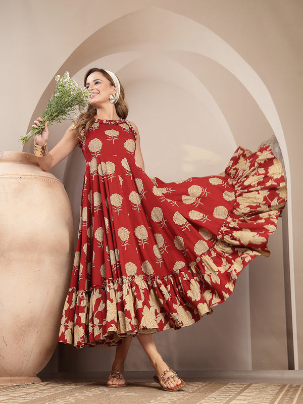 Kimayra Cotton Calf Length Printed Sleeveless Round Neck Flared Dress
