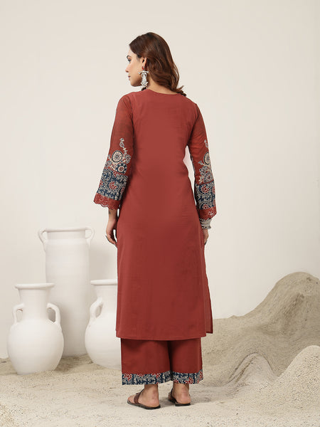 Kimayra Cotton Calf Length Solid 3/4 Sleeve Round Neck Straight Kurta Suit Set