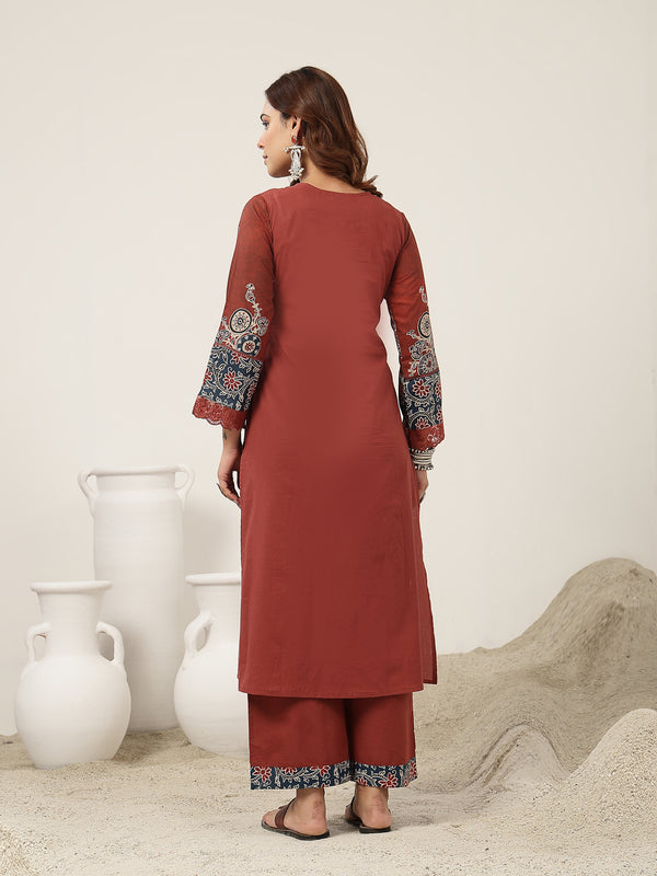 Kimayra Cotton Calf Length Solid 3/4 Sleeve Round Neck Straight Kurta Suit Set