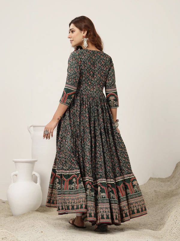 Kimayra Cotton Calf Length Printed 3/4 Sleeves V-Neck Anarkali Kurta