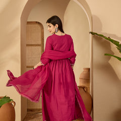 Kimayra Cotton Calf Length Solid 3/4 Sleeve V-Neck Anarkali Kurta Suit Set