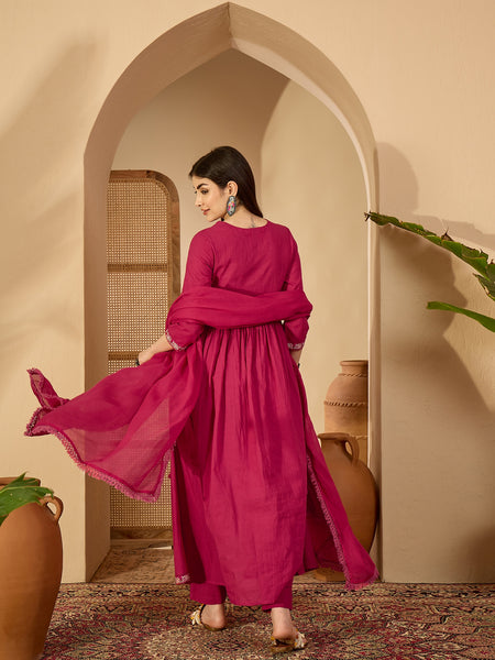 Kimayra Cotton Calf Length Solid 3/4 Sleeve V-Neck Anarkali Kurta Suit Set