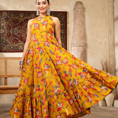 Kimayra Cotton Calf Length Printed Sleeveless Key Hole Neck Flared Kurta