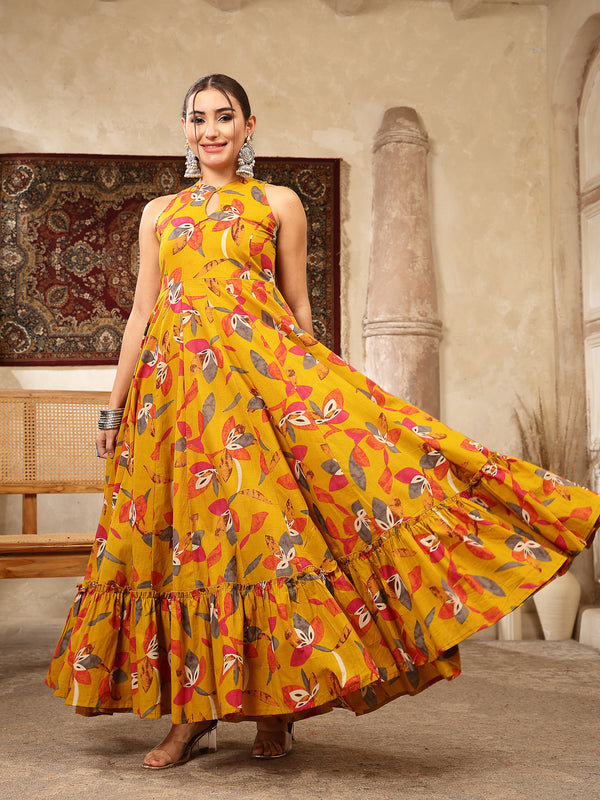 Kimayra Cotton Calf Length Printed Sleeveless Key Hole Neck Flared Kurta