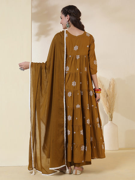 Kimayra Cotton Calf Length Printed 3/4 Sleeves Round Neck Anarkali Kurta Suit Set