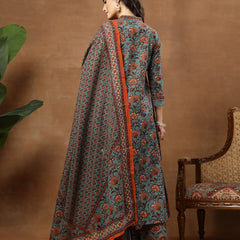 Kimayra Cotton Calf Length Printed 3/4 Sleeve V-Neck Flared Kurta Suit Set