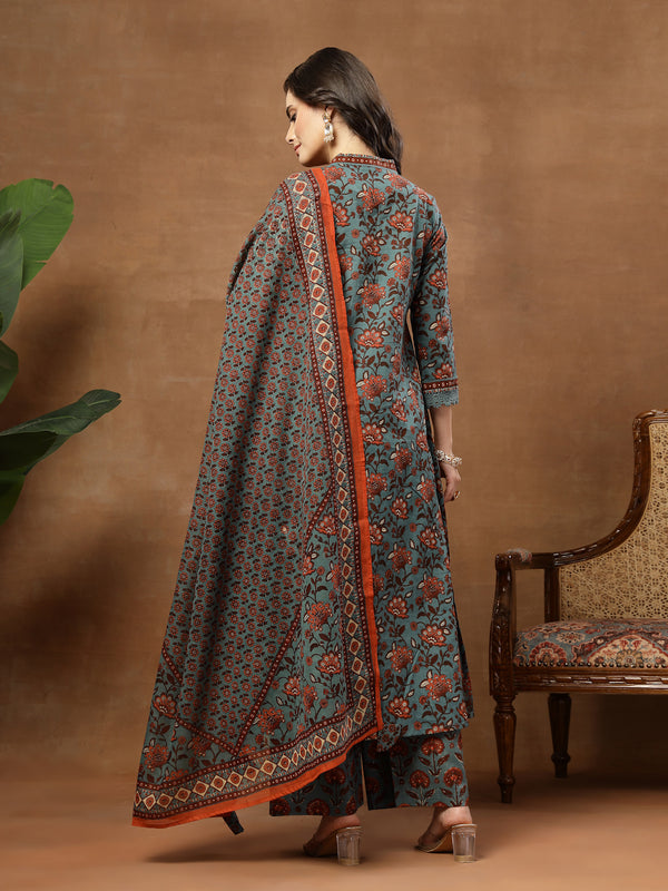 Kimayra Cotton Calf Length Printed 3/4 Sleeve V-Neck Flared Kurta Suit Set