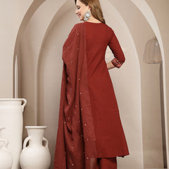 Kimayra Cotton Calf Length Solid 3/4 Sleeve V-Neck Flared Kurta Suit Set