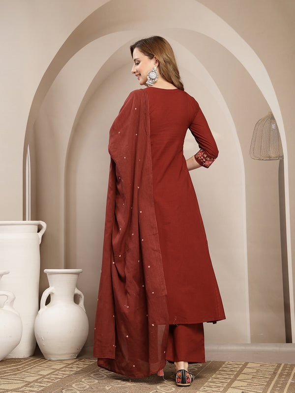 Kimayra Cotton Calf Length Solid 3/4 Sleeve V-Neck Flared Kurta Suit Set