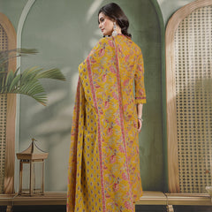 Kimayra Cotton Calf Length Printed 3/4 Sleeve V-Neck Flared Kurta Suit Set