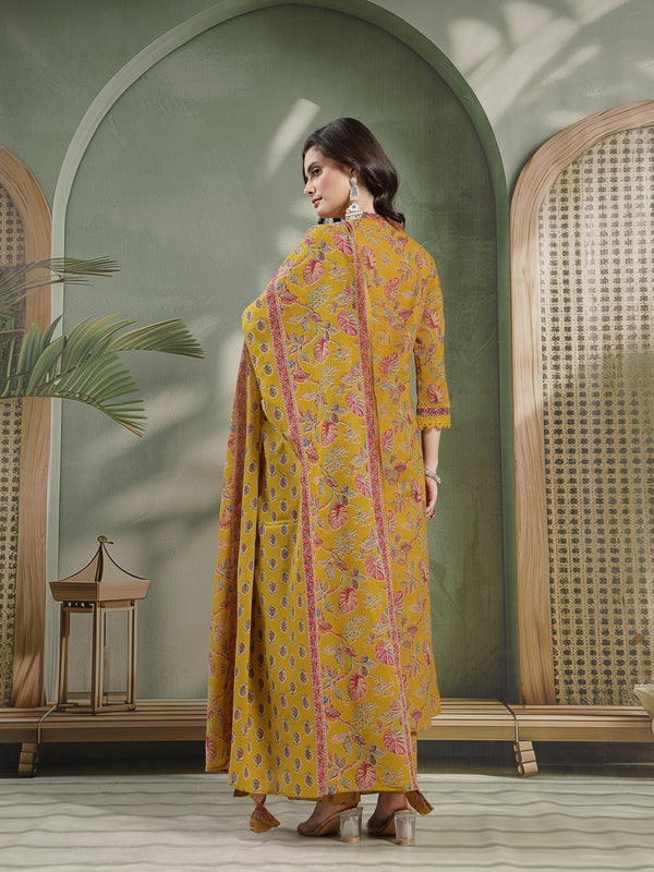 Kimayra Cotton Calf Length Printed 3/4 Sleeve V-Neck Flared Kurta Suit Set