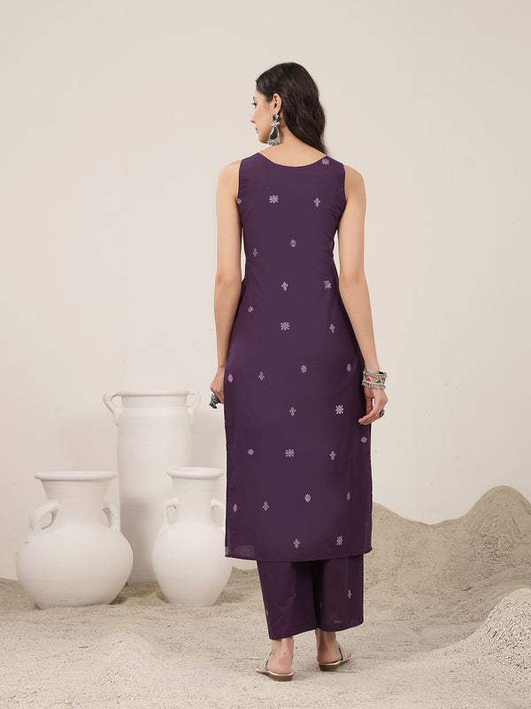 Kimayra Cotton Calf Length Solid Sleeveless Round Neck Straight Kurta Suit Set
