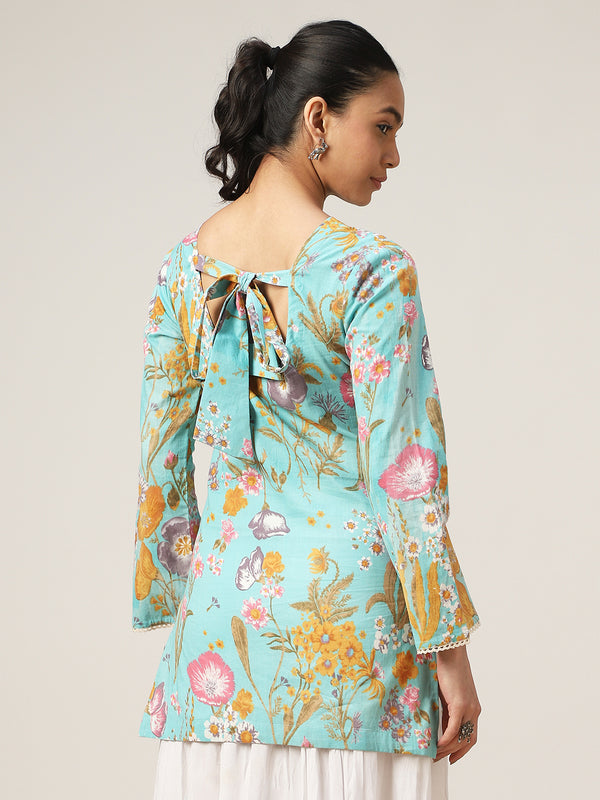 Kimayra Cotton Hip Length Printed Full Sleeve V-Neck Straight Top