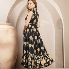 Kimayra Cotton Calf Length Printed Sleeveless Round Neck Flared Dress