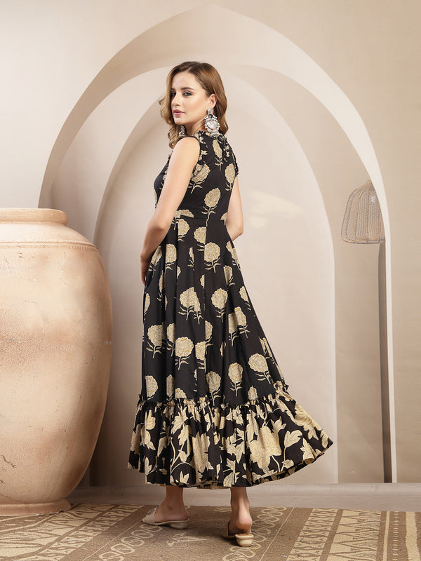 Kimayra Cotton Calf Length Printed Sleeveless Round Neck Flared Dress