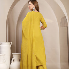 Kimayra Cotton Calf Length Solid 3/4 Sleeve V-Neck Flared Kurta Suit Set