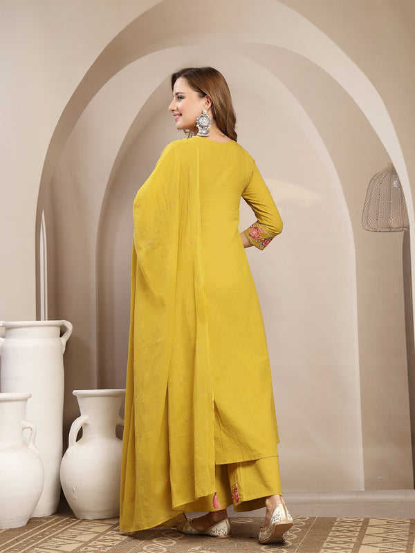 Kimayra Cotton Calf Length Solid 3/4 Sleeve V-Neck Flared Kurta Suit Set