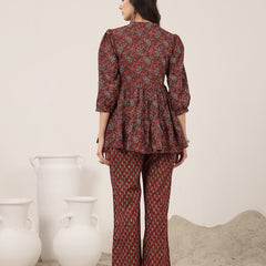 Kimayra Cotton Hip Length Printed 3/4 Sleeve Mandarin Collar Flared Kurta Suit Set