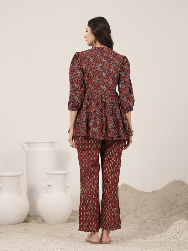 Kimayra Cotton Hip Length Printed 3/4 Sleeve Mandarin Collar Flared Kurta Suit Set