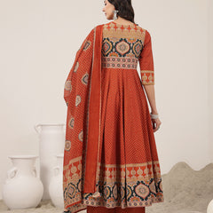 Kimayra Cotton Calf Length Printed 3/4 Sleeve Round Neck Flared Kurta Suit Set