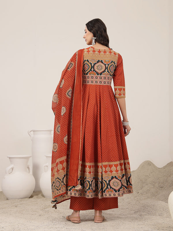 Kimayra Cotton Calf Length Printed 3/4 Sleeve Round Neck Flared Kurta Suit Set
