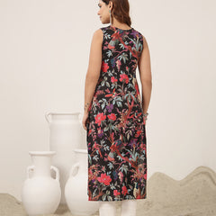 Kimayra Cotton Calf Length Printed Sleeveless V-Neck Straight Kurta