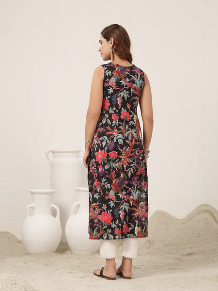 Kimayra Cotton Calf Length Printed Sleeveless V-Neck Straight Kurta