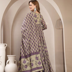 Kimayra Malmal Calf Length Printed Full Sleeve Round Neck Anarkali Kurta Suit Set