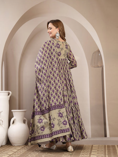 Kimayra Malmal Calf Length Printed Full Sleeve Round Neck Anarkali Kurta Suit Set