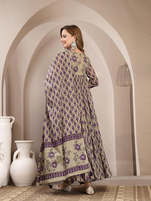 Kimayra Malmal Calf Length Printed Full Sleeve Round Neck Anarkali Kurta Suit Set
