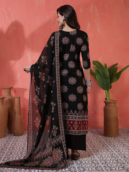 Kimayra Cotton Calf Length Printed 3/4 Sleeves Round Neck Straight Kurta Suit Set