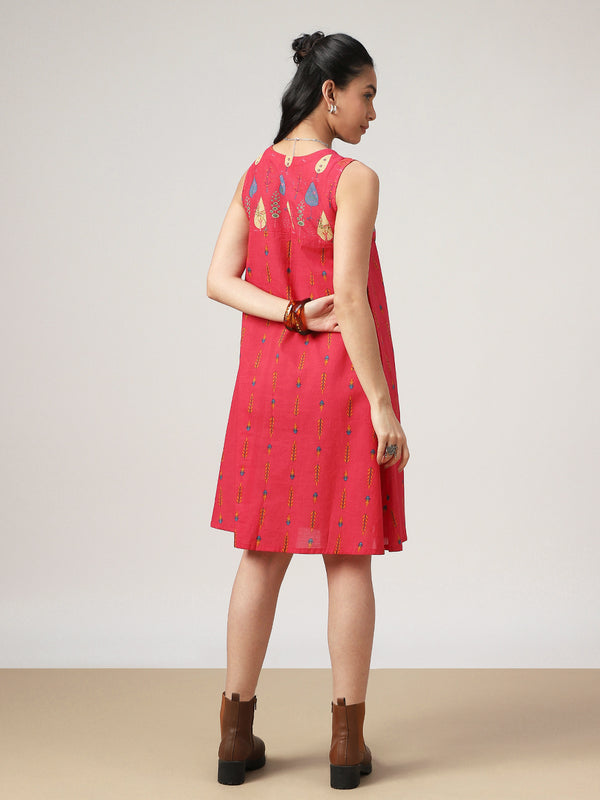 Kimayra Cotton Mid Length Printed Sleeveless V-Neck Flared Dress