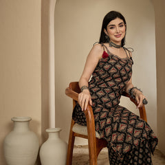 Kimayra Rayon Calf Length Printed Strappy Sleeve Round Neck A-Line Kurta Suit Set
