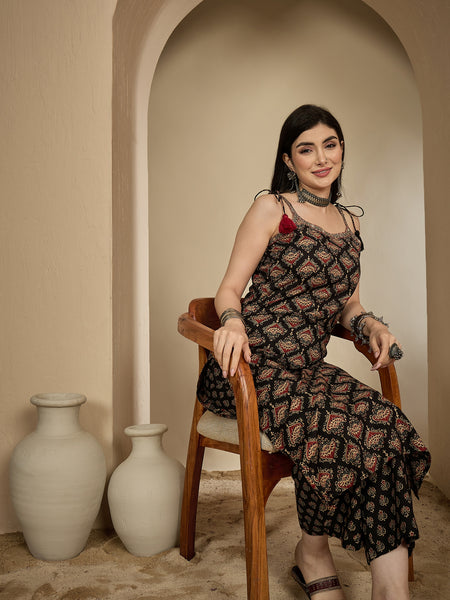 Kimayra Rayon Calf Length Printed Strappy Sleeve Round Neck A-Line Kurta Suit Set
