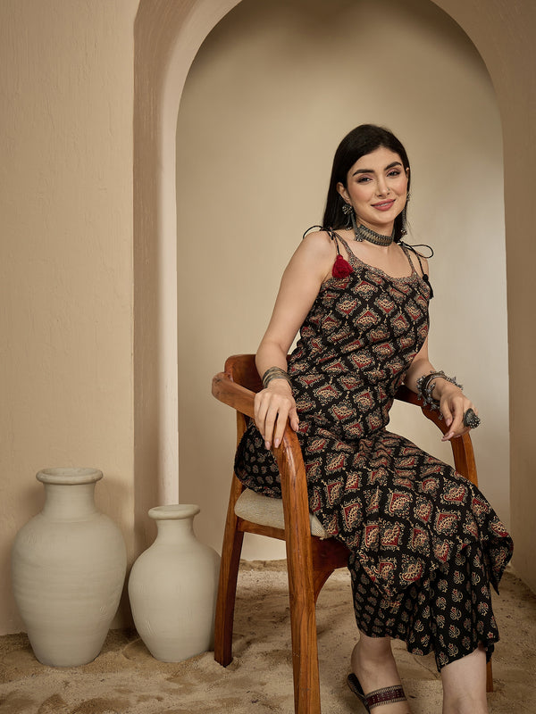 Kimayra Rayon Calf Length Printed Strappy Sleeve Round Neck A-Line Kurta Suit Set