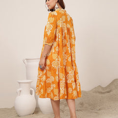 Kimayra Cotton Knee Length Printed 3/4 Sleeve Shirt Collar Flared Dress