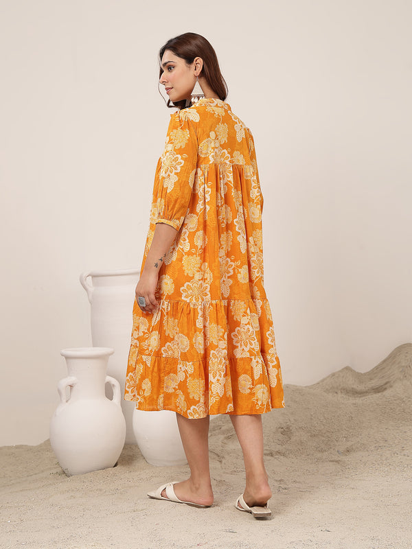 Kimayra Cotton Knee Length Printed 3/4 Sleeve Shirt Collar Flared Dress