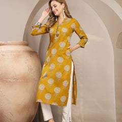 Kimayra Cotton Calf Length Printed 3/4 Sleeve V-Neck Straight Kurta