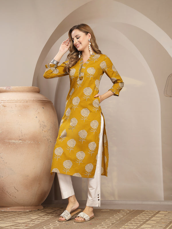 Kimayra Cotton Calf Length Printed 3/4 Sleeve V-Neck Straight Kurta