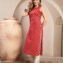 Kimayra Cotton Calf Length Printed Sleeveless Round Neck Straight Kurta